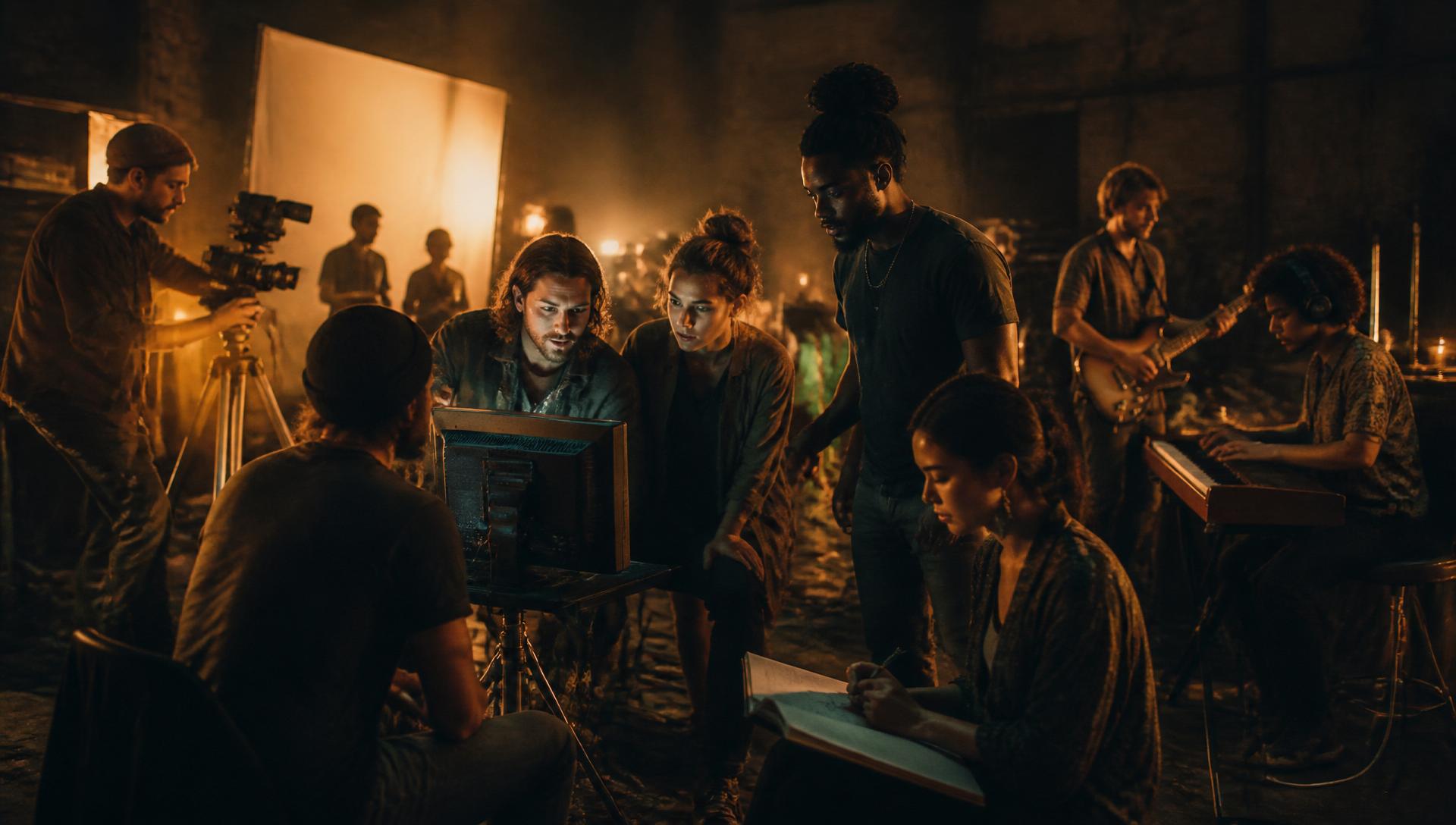 Filmmakers, musicians and visual artists collaborating on set